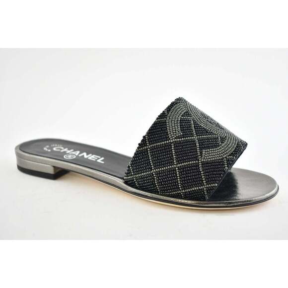 Chanel 20P Black Grey Pearl Embroidery Bead CC Logo Slide Sandal Mule Flat 42 - Picture 5 of 9